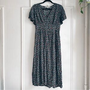 The Loft Floral Black midi Dress small stretchy comfy retro vintage style v neck